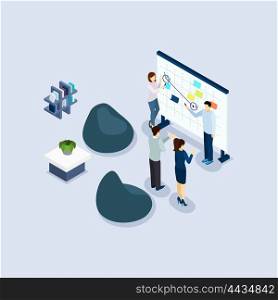 Coworking Space Environment Office Isometric Banner. Coworking freelance employed people sharing working place environment in organization office isometric design abstract vector illustration