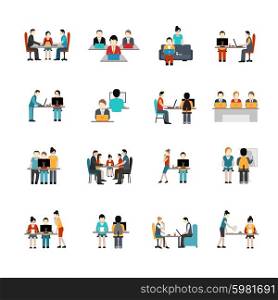 Coworking space flat icons set with freelancer working place isolated vector illustration. Coworking Space Icons Set