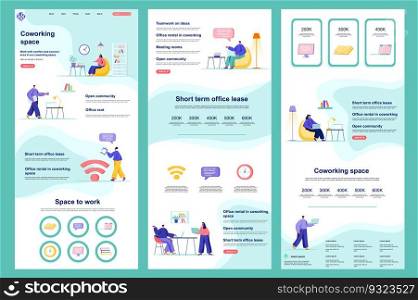 Coworking space flat landing page. Freelancers workspace, creative collaboration space corporate website. Web banner with header, middle content, footer. Vector illustration with people characters.