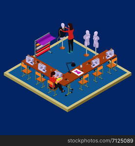 Coworking space for designers. Isometric atelier class vector concept. Illustration of atelier with dressmaker, studio of workshop. Coworking space for designers. Isometric atelier class vector concept