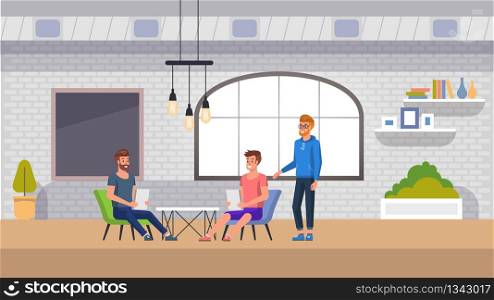 Coworking Space Interior Banner. Hipster Men Team Company in Business Meeting. Creative Indoor Human Design Place with Chair and Furniture. Modern Mobile Office Job. Flat Character.. Coworking Space Interior Banner. Modern Office Job