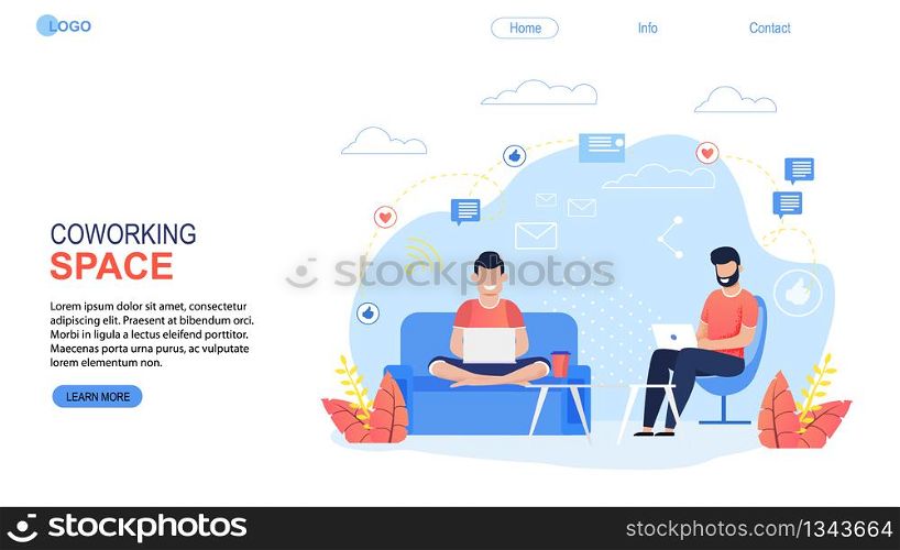 Coworking Space Landing Page Flat Cartoon Template. Freelancers Team Working Online on Laptop. Business People Sharing Open Workspace. Man Characters Sit on Armchair and Sofa. Vector Illustration. Coworking Space Landing Page Flat Cartoon Template
