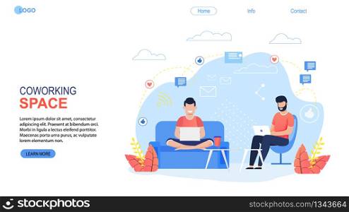 Coworking Space Landing Page Flat Cartoon Template. Freelancers Team Working Online on Laptop. Business People Sharing Open Workspace. Man Characters Sit on Armchair and Sofa. Vector Illustration. Coworking Space Landing Page Flat Cartoon Template