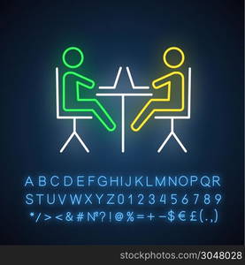 Coworking space neon light icon. Meeting room. Establishing community. Freelance professionals. Remote workers. Glowing sign with alphabet, numbers and symbols. Vector isolated illustration