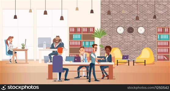 Coworking Space with Creative People Sit at Table. Business Team Work Together at Big Desk Use Laptop. Multicultural Group have Discussion. Working Environment. Flat Cartoon Vector Illustration. Coworking Space with Creative People Sit at Table
