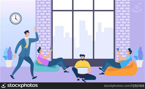 Coworking Space with Creative People Sitting at Armchairs and on Floor of Room Interior with City View. Business Team Working Together Using Laptop and Smartphones. Cartoon Flat Vector Illustration.. Coworking Space with Creative People Using Gadgets