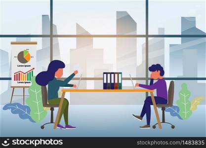 Coworking space with creative people sitting at the table. Business team working together at the desk using laptops and discussion. vector illustration.
