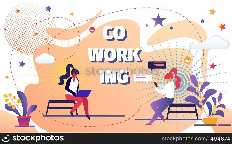 Coworking Space with Creative People Sitting on Chairs. Remote Developers, Designers Female Characters Business Team Working Together Using Laptops. Cartoon Flat Vector Illustration, Horizontal Banner. Coworking Space with Creative People Remote Worker
