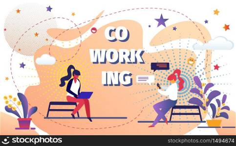 Coworking Space with Creative People Sitting on Chairs. Remote Developers, Designers Female Characters Business Team Working Together Using Laptops. Cartoon Flat Vector Illustration, Horizontal Banner. Coworking Space with Creative People Remote Worker