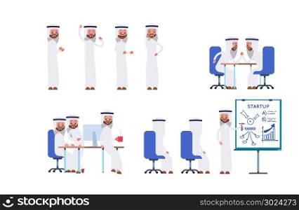 coworking, startup, joyful group discussions, draws a diagram on the board. Arab saudi businessman. cartoon character set