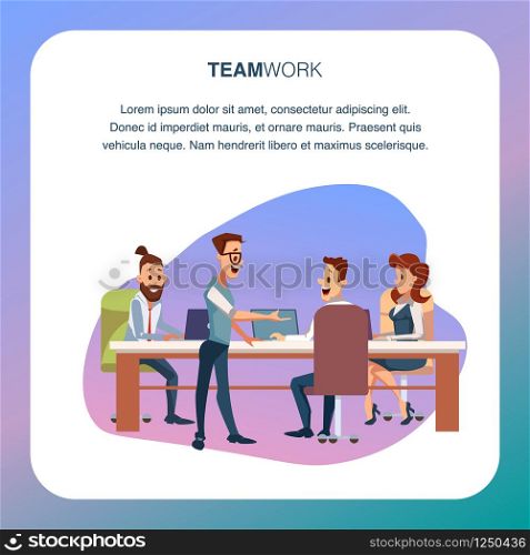 Coworking Team Discussion at Modern Office Area. Business Meeting at Conference Table. Office Worker Sit on Chair, Talk. Trendy Character Work by Laptop. Cartoon Flat Vector Illustration. Coworking Team Discussion at Modern Office Area