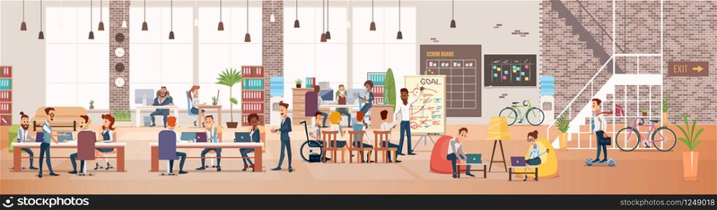 Coworking Workspace. Office Fun. People Work in Office. Happy Workers in Workplace. Men and Women Work. Corporate Culture in Company. Cheerful Working Day. Vector Flat Illustration.. People Work in Office. Coworking Workspace. Vector