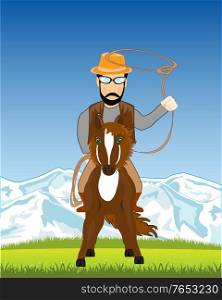 Cowpuncher with lasso on horse on background of the wild nature. Nature and man cowpuncher with lasso on horse