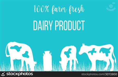 Cows silhouettes and a milk can on blue background.. Cows silhouettes and a milk can on blue background. Concept idea for diary, Cattle farm. For logo, tag, banner, advertising, prints, design element, label.