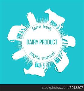 Cows silhouettes and a milk can on blue background. Round emblem.. Cows silhouettes and a milk can on blue background. Round emblem. Concept idea for diary, Cattle farm. For logo, tag, banner, advertising, prints, design element, label