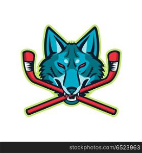 Coyote Ice Hockey Sports Mascot. Sports mascot icon illustration of head of a coyote or gray wolf biting a crossed hockey stick viewed from front on isolated background in retro style.. Coyote Ice Hockey Sports Mascot