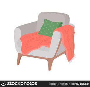 Cozy armchair with blanket semi flat color vector object. Editable element. Full sized item on white. Christmas festive decor simple cartoon style illustration for web graphic design and animation. Cozy armchair with blanket semi flat color vector object