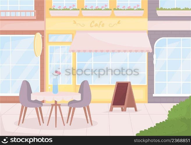 Cozy atmosphere of street cafe flat color vector illustration. Pleasant environment. Coffee shop with outdoor seating 2D simple cartoon cityscape with shops on background. Caveat font used. Cozy atmosphere of street cafe flat color vector illustration