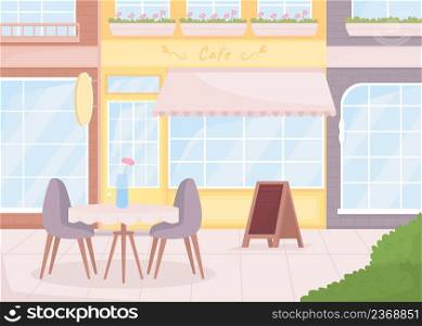 Cozy atmosphere of street cafe flat color vector illustration. Pleasant environment. Coffee shop with outdoor seating 2D simple cartoon cityscape with shops on background. Caveat font used. Cozy atmosphere of street cafe flat color vector illustration