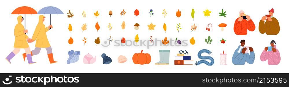 Cozy autumn collection. Cute fall, people man woman drinking hot drinks. Couple with umbrella, yellow leaves and berries. Seasonal giant vector set. Illustration cozy autumn elements leaf and clothes. Cozy autumn collection. Cute fall, people man woman drinking hot drinks. Couple with umbrella, yellow leaves and berries. Seasonal giant utter vector set