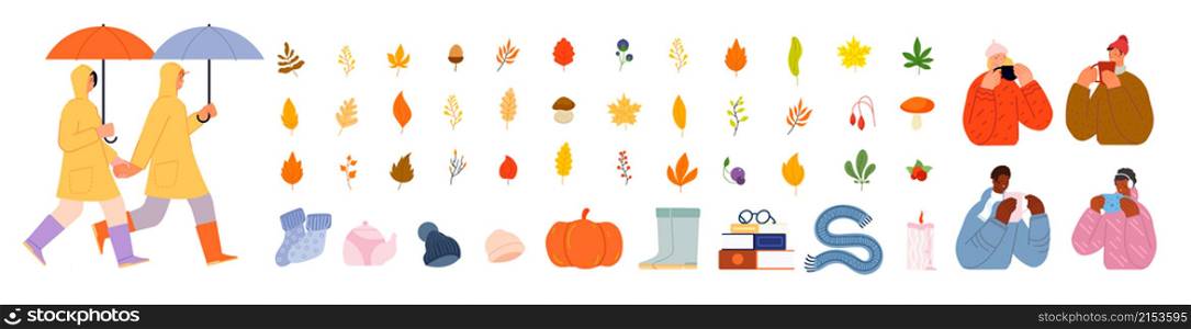 Cozy autumn collection. Cute fall, people man woman drinking hot drinks. Couple with umbrella, yellow leaves and berries. Seasonal giant vector set. Illustration cozy autumn elements leaf and clothes. Cozy autumn collection. Cute fall, people man woman drinking hot drinks. Couple with umbrella, yellow leaves and berries. Seasonal giant utter vector set