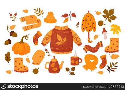 Cozy autumn collection. Knitted clothes sweater, scarf, hat, socks, umbrella, teapot with cup, mushrooms, acorns, pumpkin and rubber boots with fall leaves. Vector isolated colored cartoon drawing