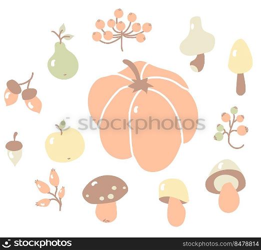 Cozy autumn. Colored set of autumn drawings. Harvest and fruits  branches and berries, wild rose and viburnum, acorns andμshrooms, pumpkin, app≤and pear. for fall design and decoration. Vector