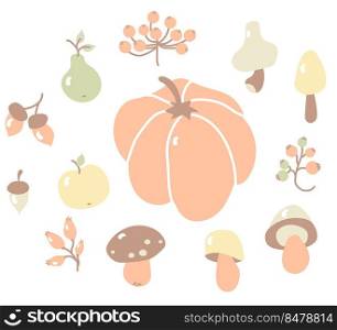 Cozy autumn. Colored set of autumn drawings. Harvest and fruits  branches and berries, wild rose and viburnum, acorns andμshrooms, pumpkin, app≤and pear. for fall design and decoration. Vector