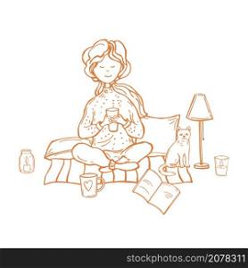 Cozy autumn days. A girl with a cat sits on pillows and drinks a hot drink. Vector sketch illustration.. Girl with a cat sits on pillows