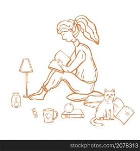 Cozy autumn days. A girl with a cat sitting on a pillow and reading a book. Vector sketch illustration.. Girl with a cat sits on pillows
