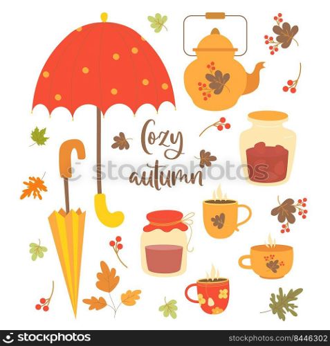 Cozy autumn. Delicious strawberry jam in jar, teapot, cups and hot tea, umbrella and autumn leaves. Vector illustration. isolated elements for fall design and decor, cards and printing 
