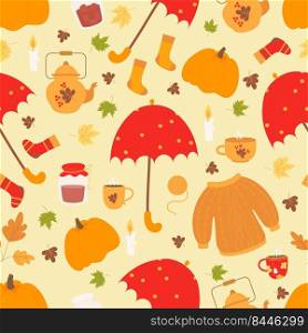 Cozy autumn seamless pattern. Sweater and socks, jar of jam, cup and teapot, hot tea, candle, an umbrella and pumpkin on light beige background with autumn leaves. Vector illustration
