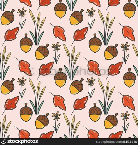 Cozy autumn seamless pattern with acorns, flowers and herbs. Botanical cute background. Fall print for textile, paper, wallpaper, design, vector illustration. Cozy autumn seamless pattern with acorns, flowers and herbs