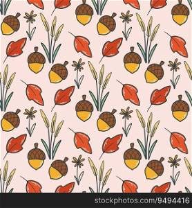 Cozy autumn seamless pattern with acorns, flowers and herbs. Botanical cute background. Fall print for textile, paper, wallpaper, design, vector illustration. Cozy autumn seamless pattern with acorns, flowers and herbs