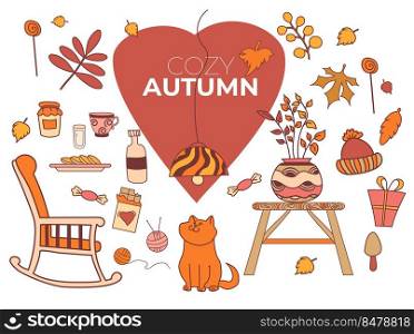 Cozy autumn. Set of colored autumn drawings. Cute ginger cat, colorful leaves, mushrooms, candies, chocolates and dishes. Vector isolated  Elements of autumn decor.