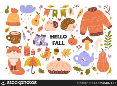 Cozy autumn set of cute design elements. Set of autumn branches with leaves, foliage, berries, pumpkins, sweater, socks and animals. Colored flat vector illustration.. Cozy autumn set of cute design elements. Set of autumn branches with leaves, foliage, berries, pumpkins, sweater, socks and animals. Colored flat vector illustration