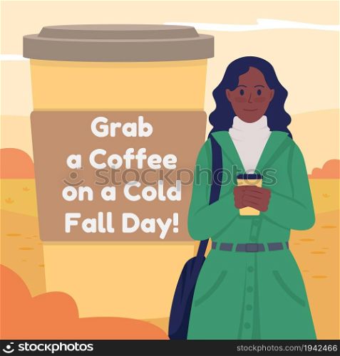 Cozy autumn social media post mockup. Grab coffee on cold fall day phrase. Web banner design template. Sweater weather booster, content layout with inscription. Poster, print ads and flat illustration. Cozy autumn social media post mockup