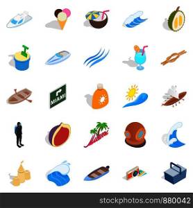 Cozy beach icons set. Isometric set of 25 cozy beach vector icons for web isolated on white background. Cozy beach icons set, isometric style