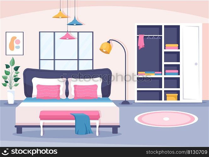 Cozy Bedroom Interior with Furniture Like Bed, Wardrobe, Bedside Table, Vase, Chandelier in Modern Style in Cartoon Vector Illustration