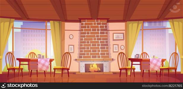 Cozy cafe or restaurant with fireplace and windows with city view. Vector cartoon interior of cafeteria with wooden furniture, table, chairs and brick fireplace with burning flame. Cozy cafe or restaurant with fireplace and windows