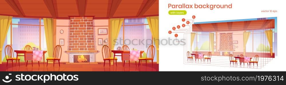 Cozy cafe or restaurant with fireplace and wooden furniture. Vector parallax background for 2d animation with cartoon interior of cafeteria with tables, chairs and brick fireplace with burning flame. Parallax background with cafe with fireplace