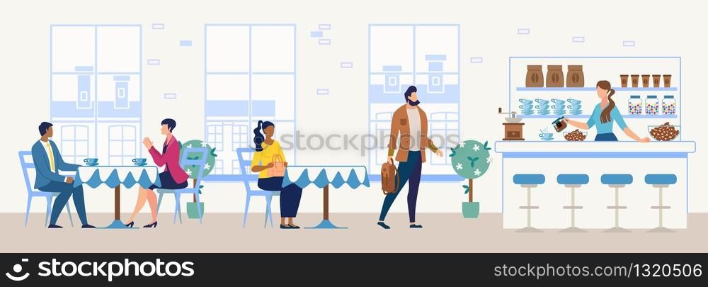 Cozy Cafeteria, Comfortable Confectionery, City Restaurant or Coffee Shop Flat Vector Interior. Multinational Female and Male Clients or Visitors Sitting at Tables, Buying Coffee on Bar Illustration