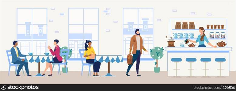 Cozy Cafeteria, Comfortable Confectionery, City Restaurant or Coffee Shop Flat Vector Interior. Multinational Female and Male Clients or Visitors Sitting at Tables, Buying Coffee on Bar Illustration
