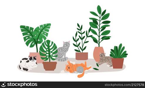 Cozy cats. Home plant, cat relaxing near greens growing pots. House garden, kittens sleeping and playing, vector isolated concept with pets. Cat relaxing near home plants