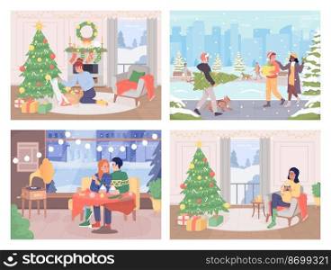 Cozy christmas activities flat color vector illustration set. Xmas holiday. Winter season. Fully editable 2D simple cartoon characters collection with festive New Year atmosphere on background. Cozy christmas activities flat color vector illustration set