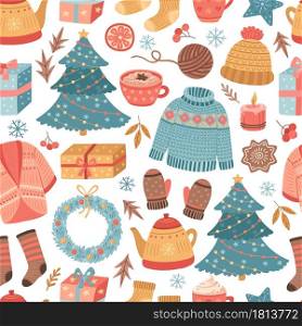 Cozy christmas pattern. Winter gift, mug drink scandinavian holiday. Creative xmas decoration, mittens sweets vector seamless texture. Illustration xmas backdrop seamless, sweet dessert and gifts. Cozy christmas pattern. Winter gift, mug drink scandinavian holiday. Creative xmas decoration, doodle mittens sweets vector seamless texture