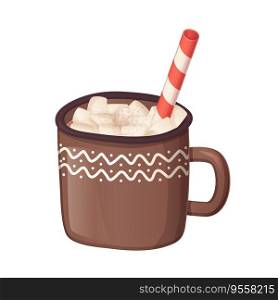 Cozy cocoa with marshmallows and stripped red white straw in realistic cartoon style. Cozy cocoa with marshmallows and stripped red white straw in realistic cartoon style.