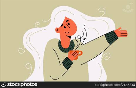 Cozy coffee with cute woman and relaxation teen character. Happiness girl drink hot mug comfy vector illustration concept. Break time comfort and morning cup coffee. Female human freelancer cheerful