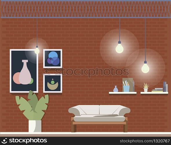 Cozy Comfortable Coworking Room Interior Design. Open Space Office, with Sofa, Plant. Shared Workplace for Freelancer to Work. Trendy Working Studio. Flat Cartoon Vector Illustration. Cozy Comfortable Coworking Room Interior Design