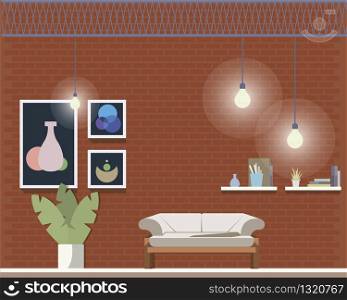 Cozy Comfortable Coworking Room Interior Design. Open Space Office, with Sofa, Plant. Shared Workplace for Freelancer to Work. Trendy Working Studio. Flat Cartoon Vector Illustration. Cozy Comfortable Coworking Room Interior Design